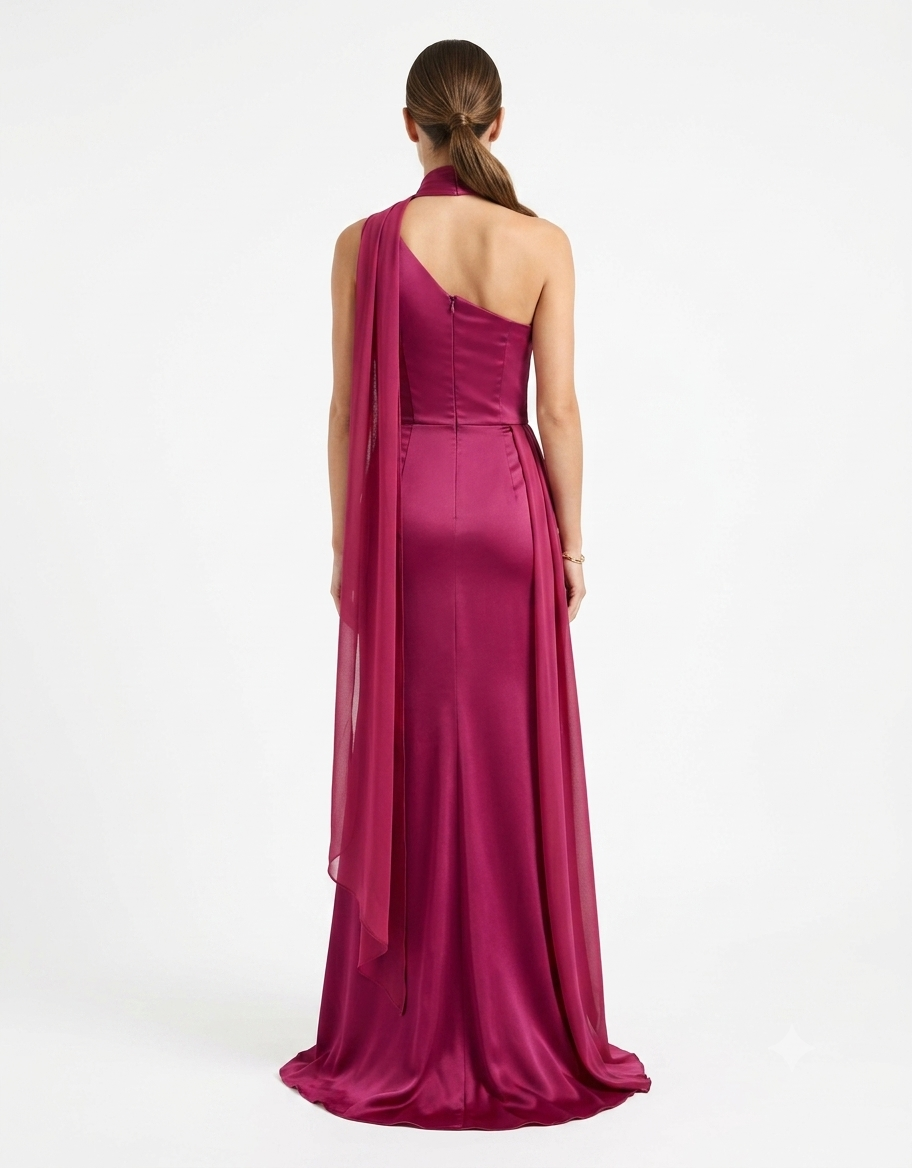 PRE-ORDER Vestido un hombro con piezas shiffón