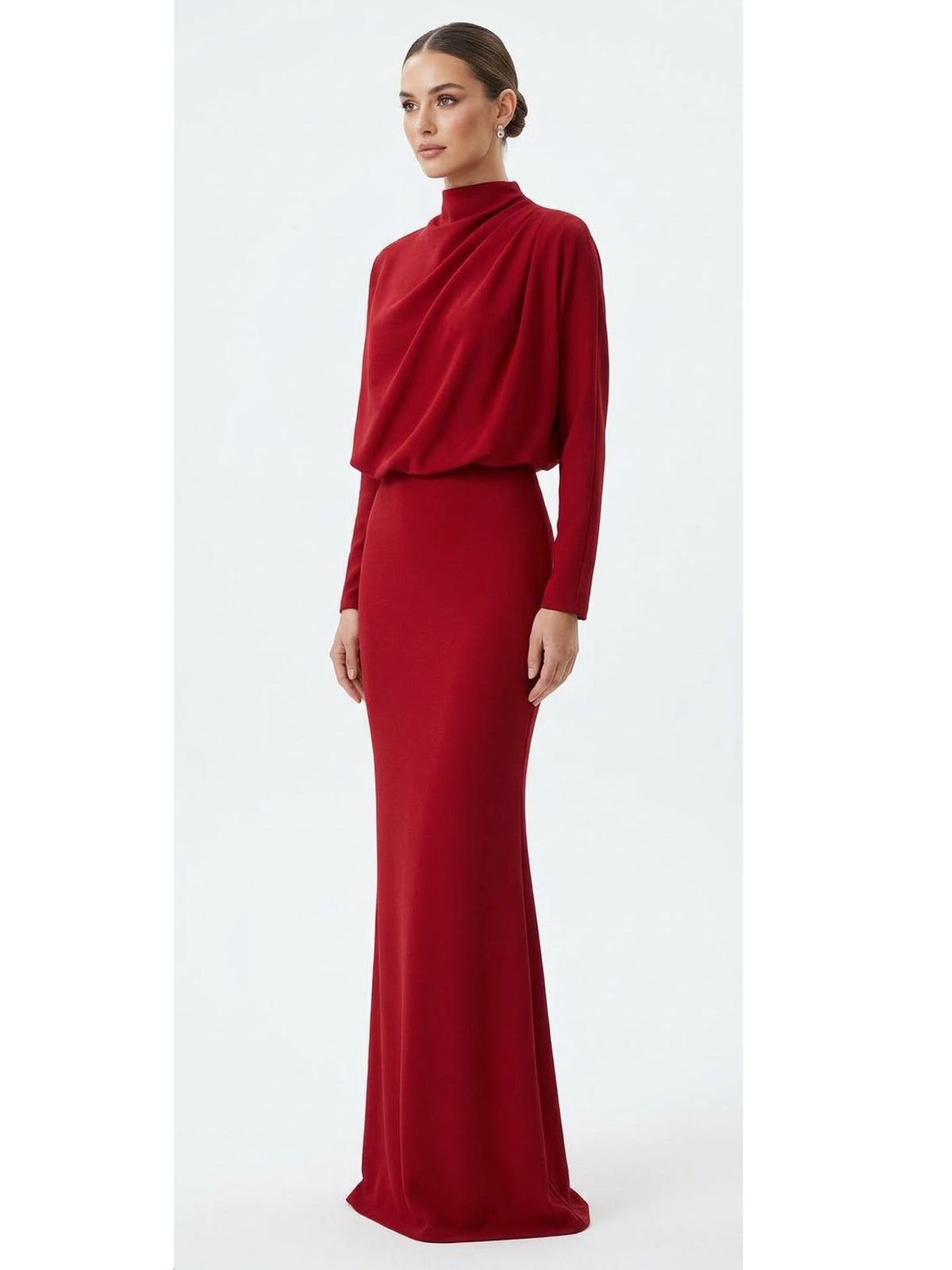 Vestido manga larga plisado de hombro rojo