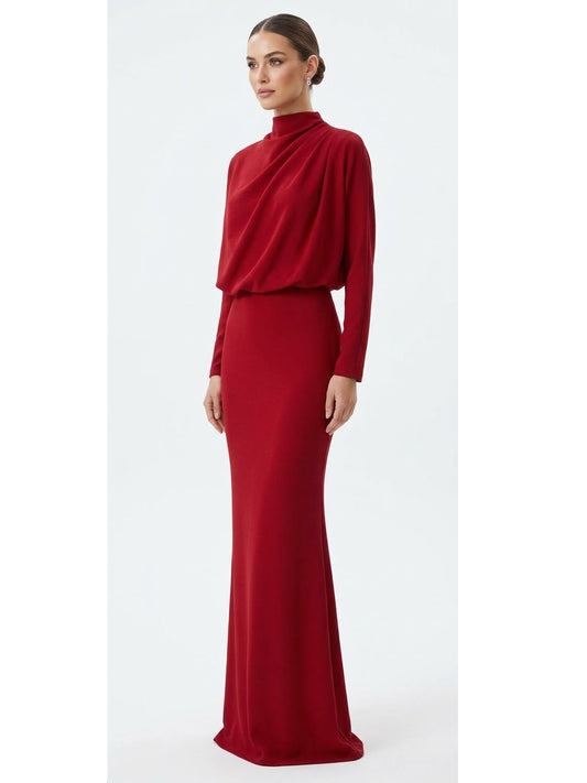 Vestido manga larga plisado de hombro rojo