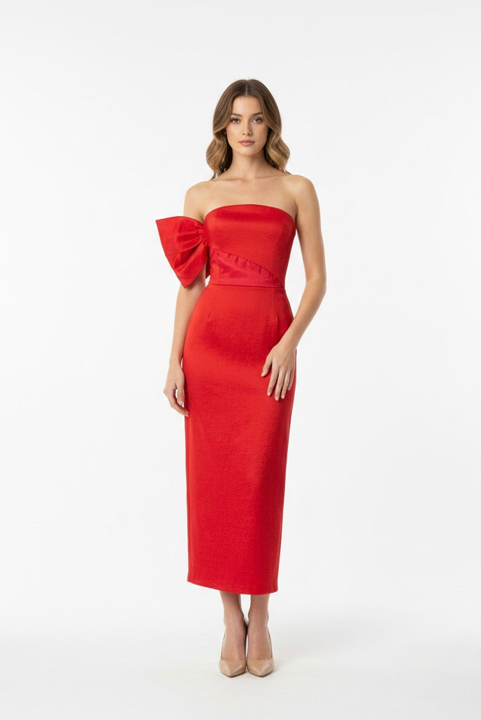 Vestido moño en brazo falda recta rojo