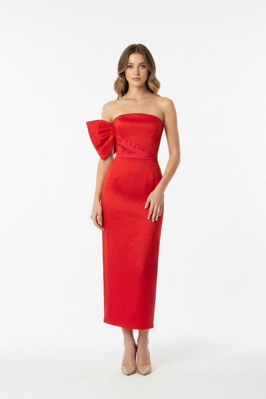 Vestido moño en brazo falda recta rojo