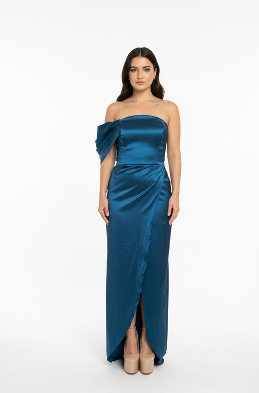 Vestido tulipán una manga azul petróleo