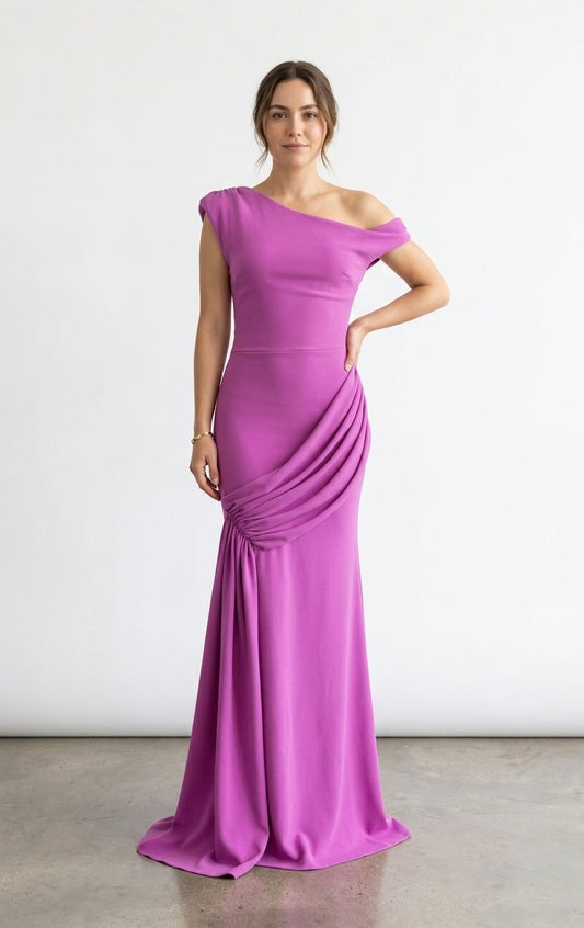 Vestido hombro caído plisado morado rosado