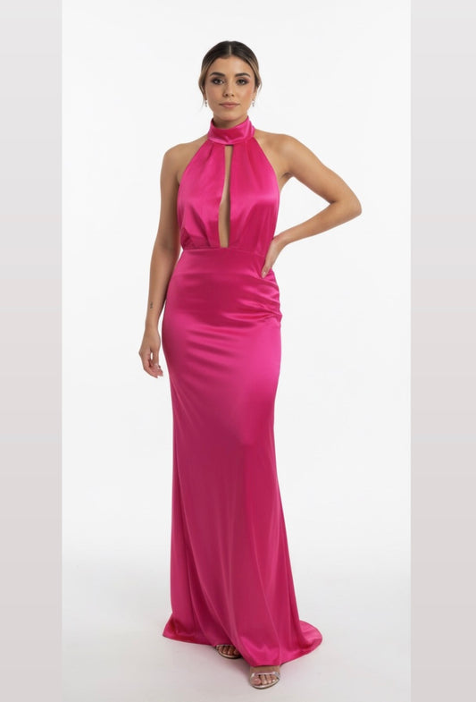 Vestido halter satén rosa mexicano.