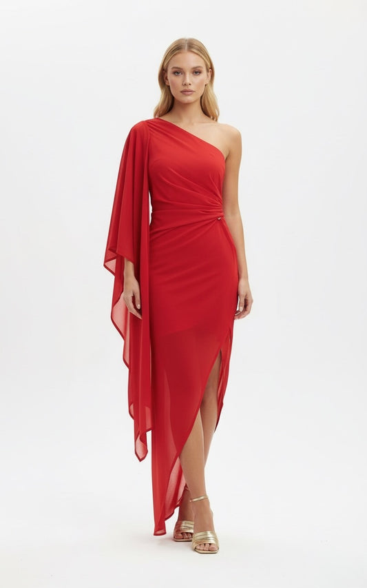 Vestido manga oversized detalle cintura rojo