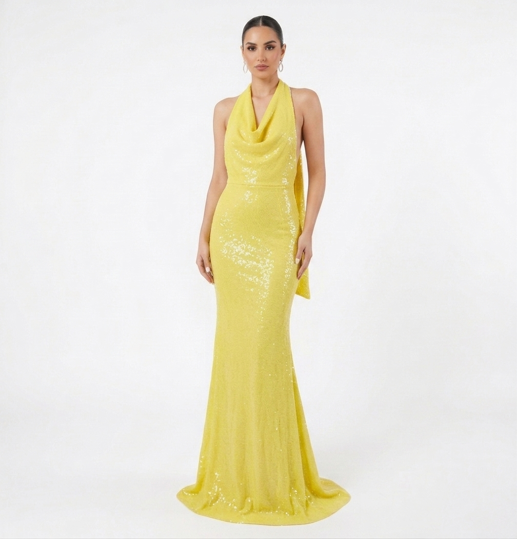 Vestido lentejuela halter amarillo