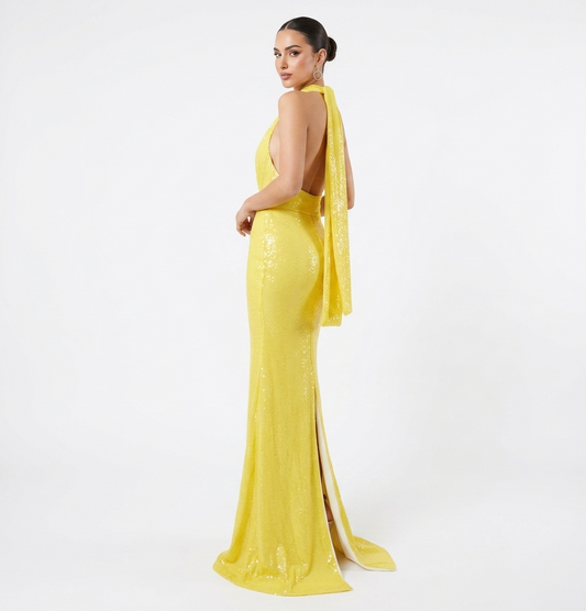 Vestido lentejuela halter amarillo