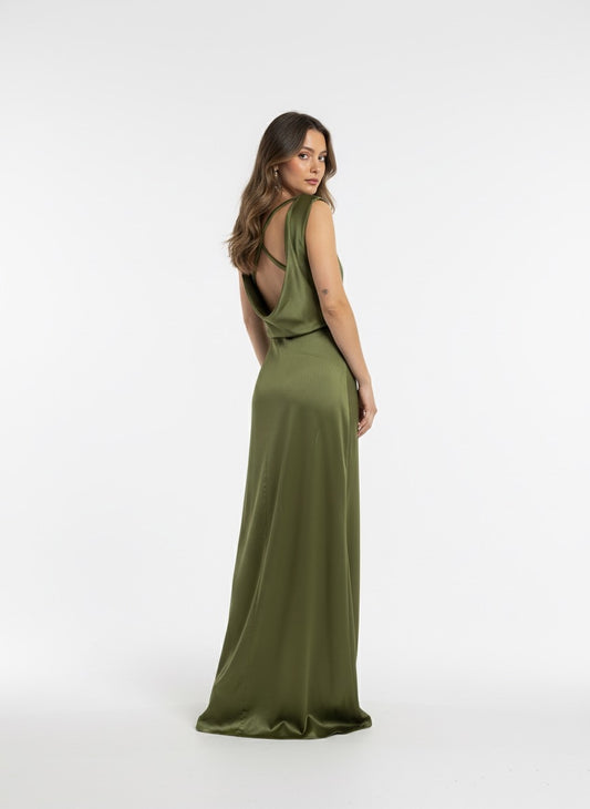 Vestido espalda  cruz satén verde olivo
