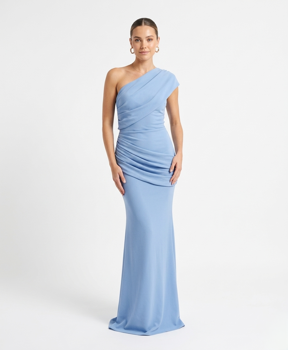 PRE-ORDER Vestido plisado en cadera y manga azul pastel