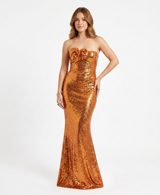 Vestido lentejuela flores naranja