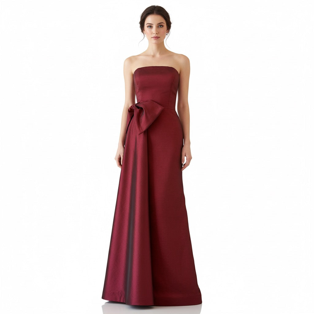 Vestido cauda lateral con moño  vino