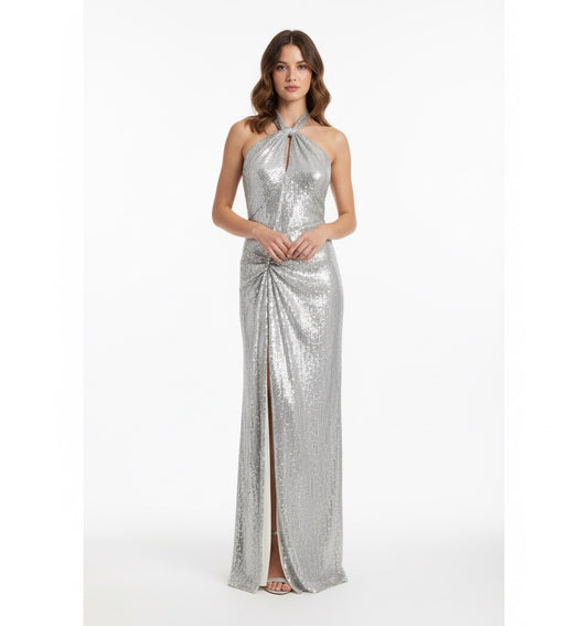 Vestido lentejuela halter plata