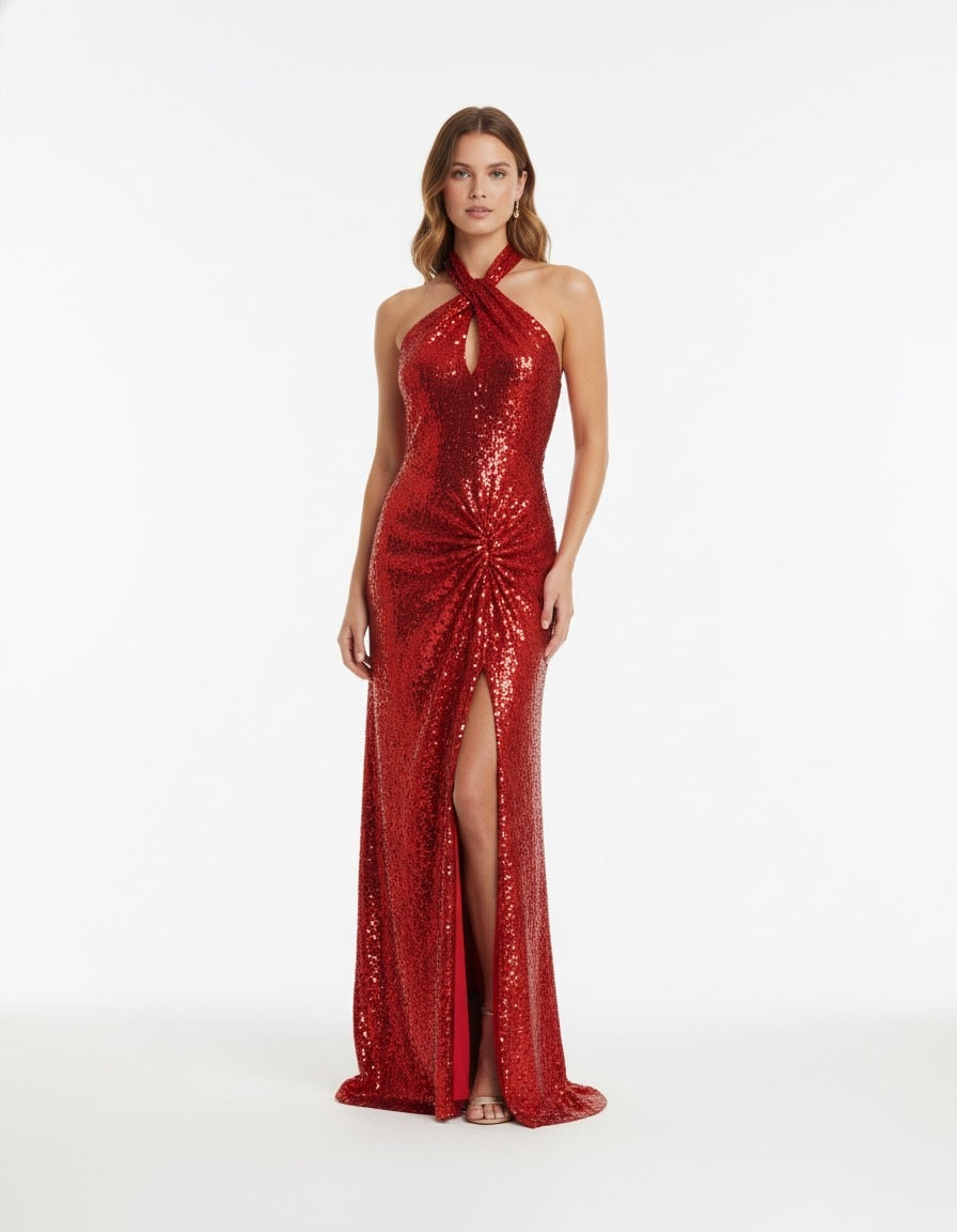 Vestido lentejuela halter rojo