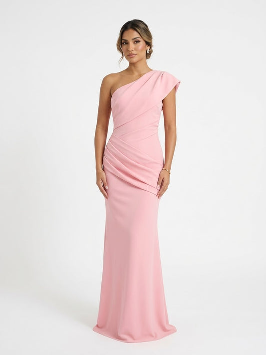 Vestido plisado en cadera y manga rosa palo