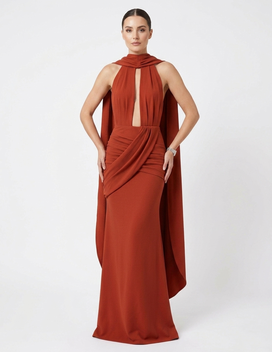 PRE-ORDER  Vestido plisados y capa en cuello chedrón