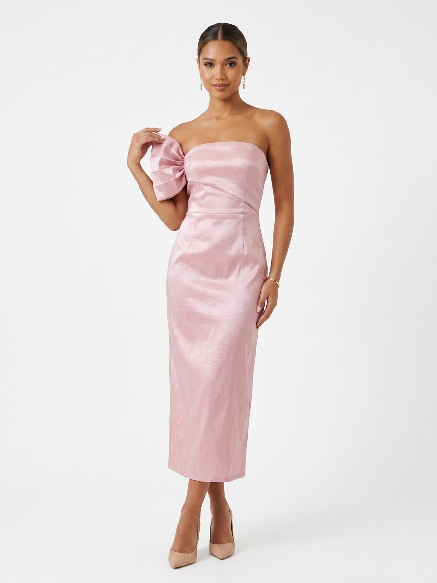 Vestido moño en brazo falda recta rosa palo. – makadamiaapparel