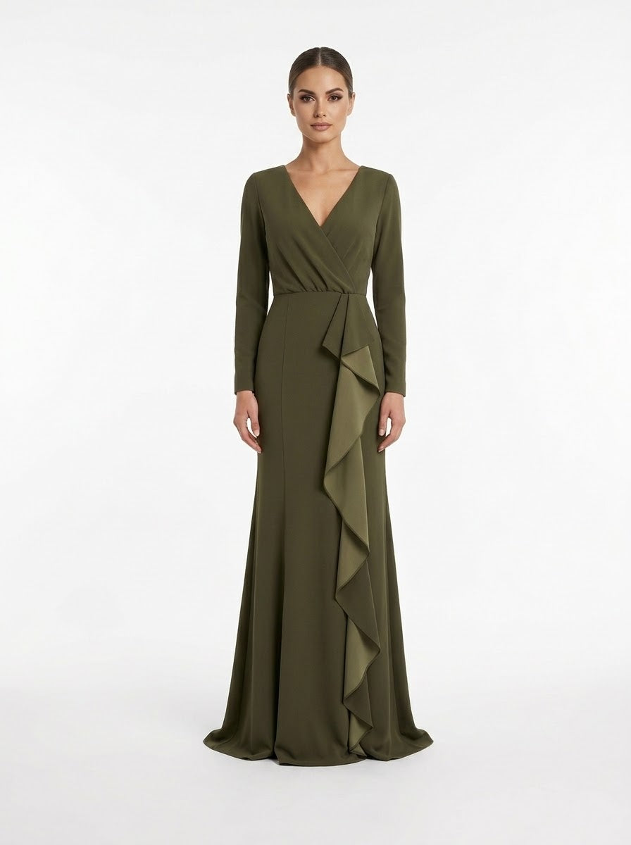 Vestido manga larga volantes verde olivo
