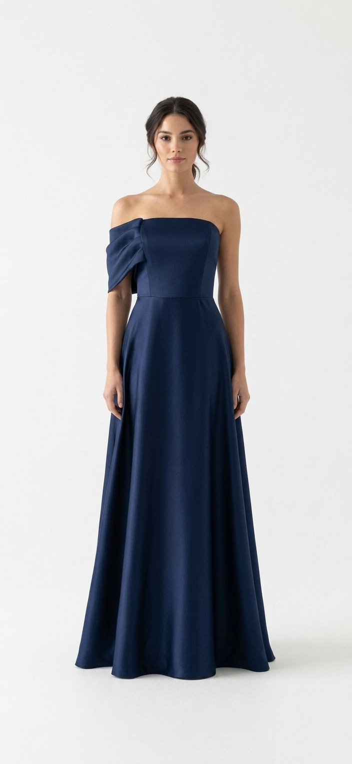 Vestido manga caída plisada azul marino
