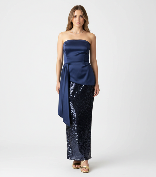 Vestido strapless falda lentejuela azul M