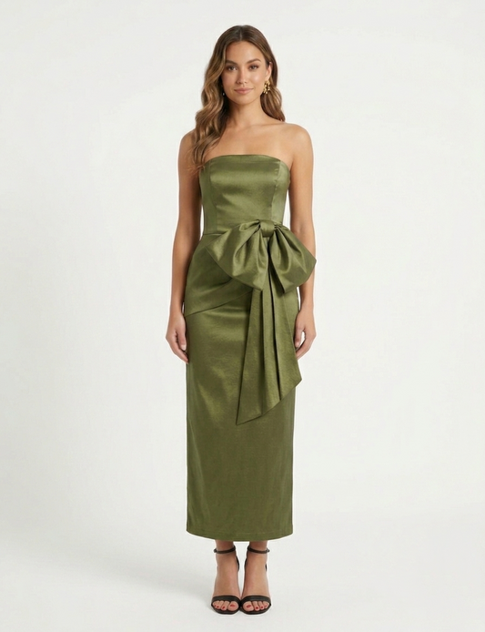 Vestido midi moño en cintura verde olivo