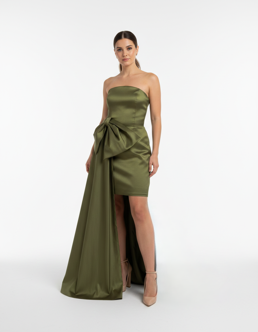 Vestido mini con cauda olivo
