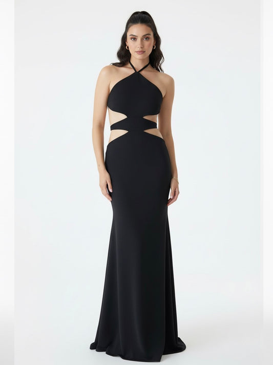 Vestido halter rombos negro.