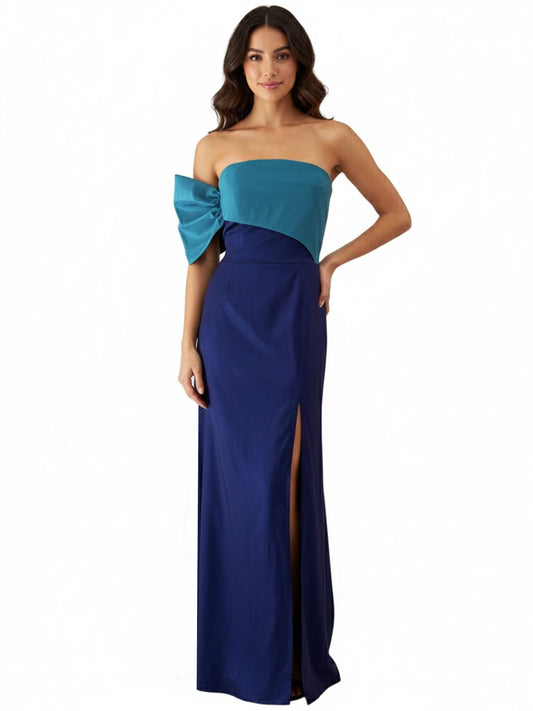 Vestido moño en un brazo azul rey bi color