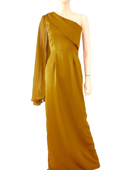 Vestido manga shiffon mostaza.