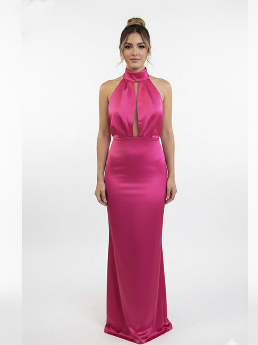 Vestido halter satén rosa mexicano.
