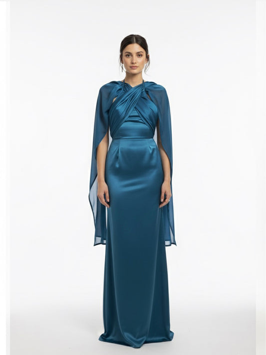 Vestido multi forma halter azul petróleo