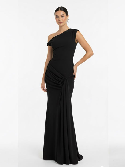 Vestido hombro caído plisado negro