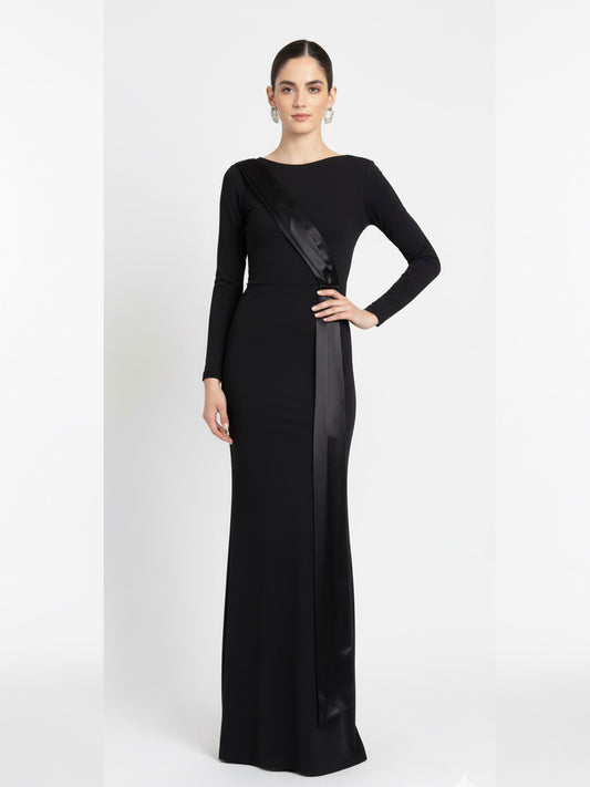 Vestido manga larga negro  detalle de satén