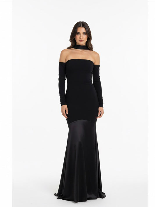 Vestido sirena dos telas negro con mangas