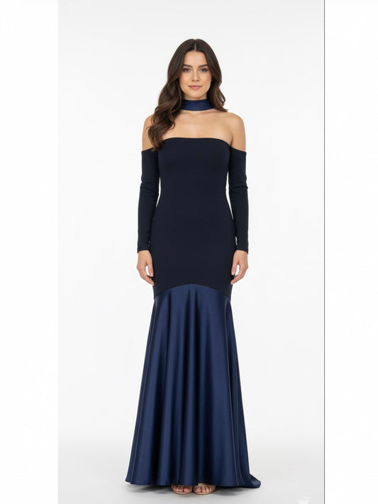 Vestido sirena dos telas azul marino con mangas