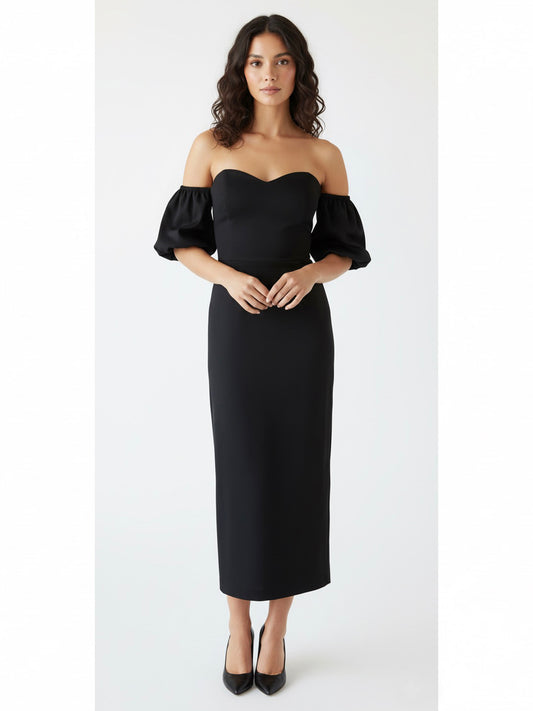 Vestido mangas globo midi negro.