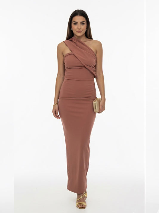 Vestido midi pieza cruzada rosa palo