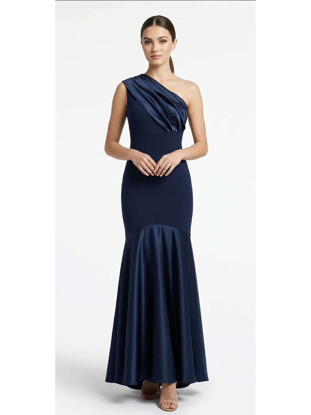 Vestido un hombro dos telas azul marino