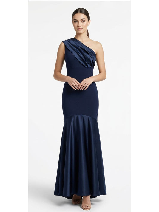 Vestido un hombro dos telas azul marino