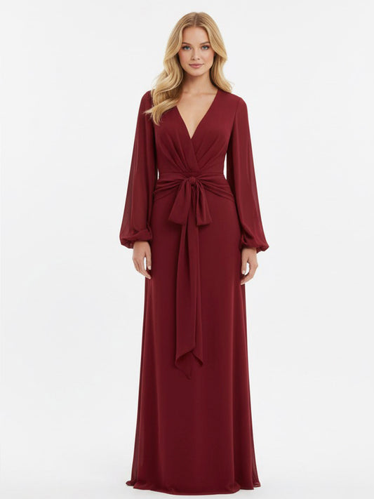 Vestido manga larga nudo en cintura tinto
