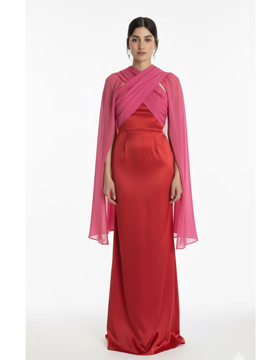 Vestido multi forma halter rojo con rosa.