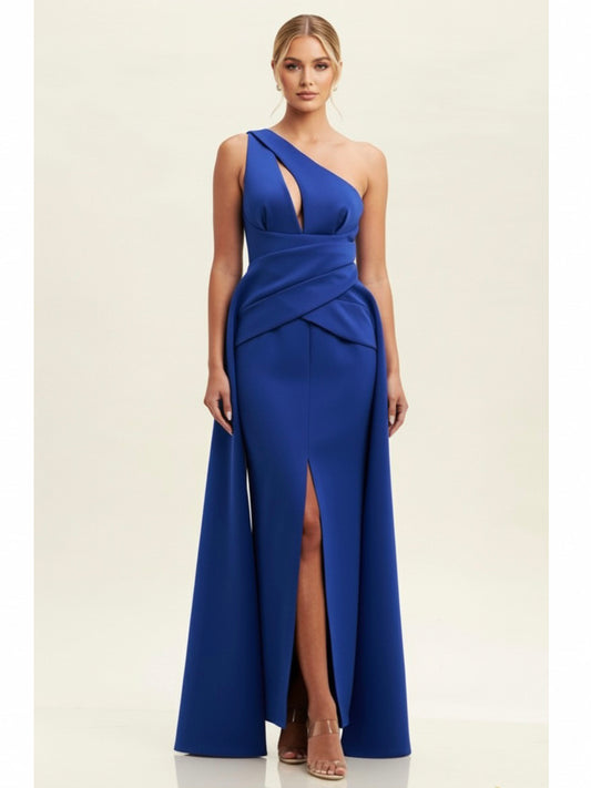 Vestido neopreno un hombro azul rey.