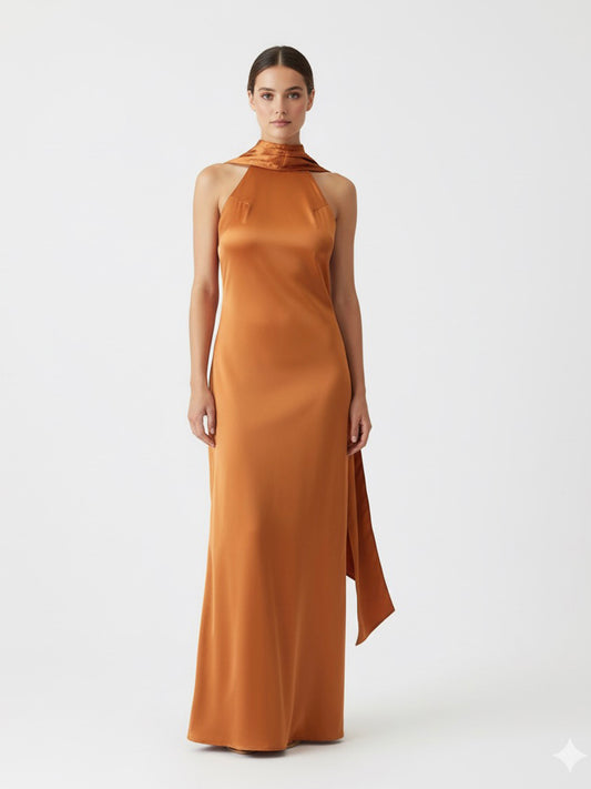 Vestido halter satén capa chedrón