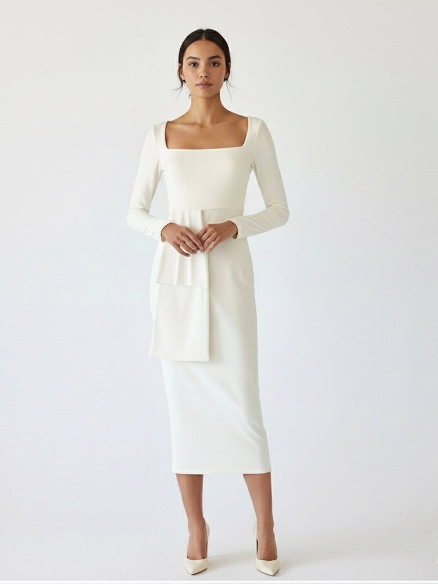 Vestido escote cuadrado y moño ivory.