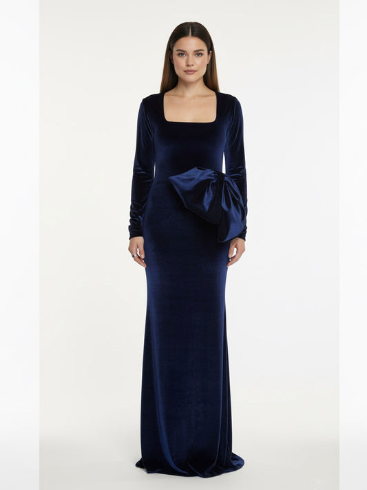 Vestido velvet moño escote cuadro azul marino.