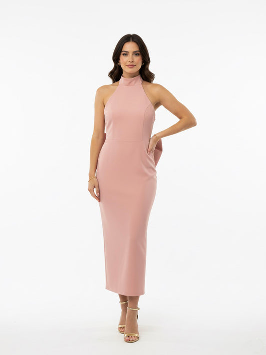 Vestido midi halter moño en espalda rosa palo