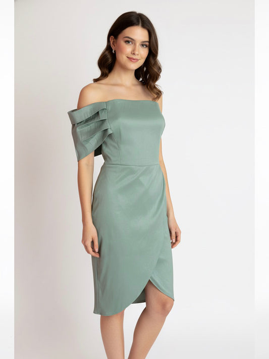 Vestido midi tulipán detalle en brazo pistache.