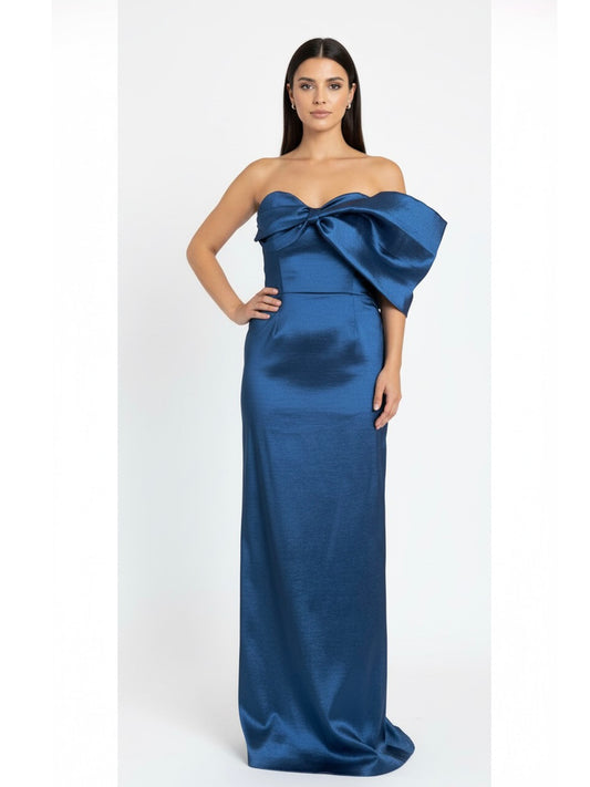 Vestido moño en manga plisada petróleo