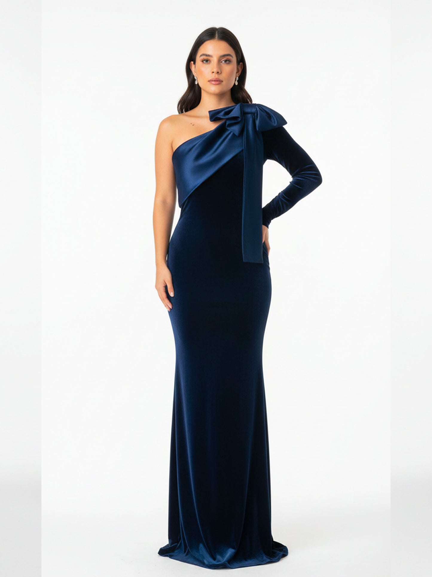 Vestido Velvet moño en hombro azul marino
