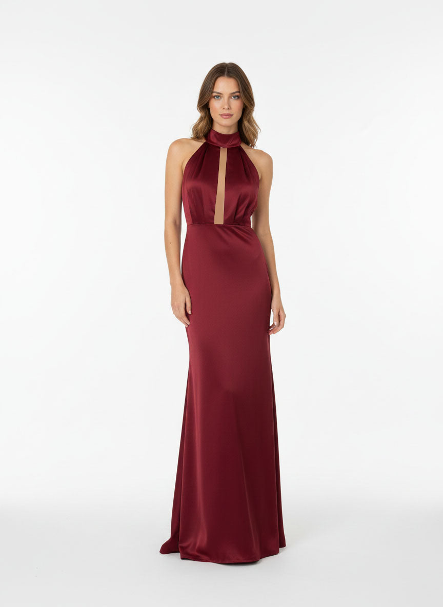 Vestido halter satén tinto.