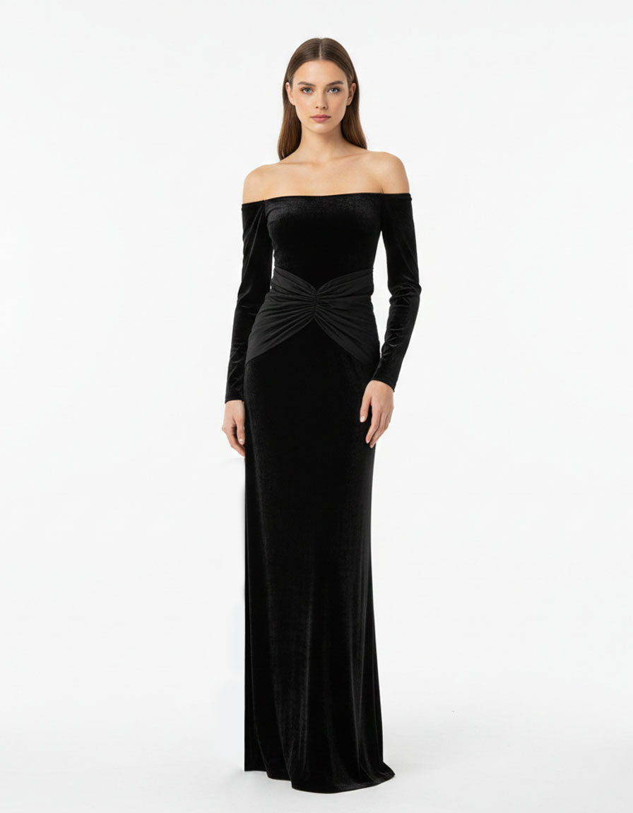 Vestido velvet  sin hombros detalle en cintura.